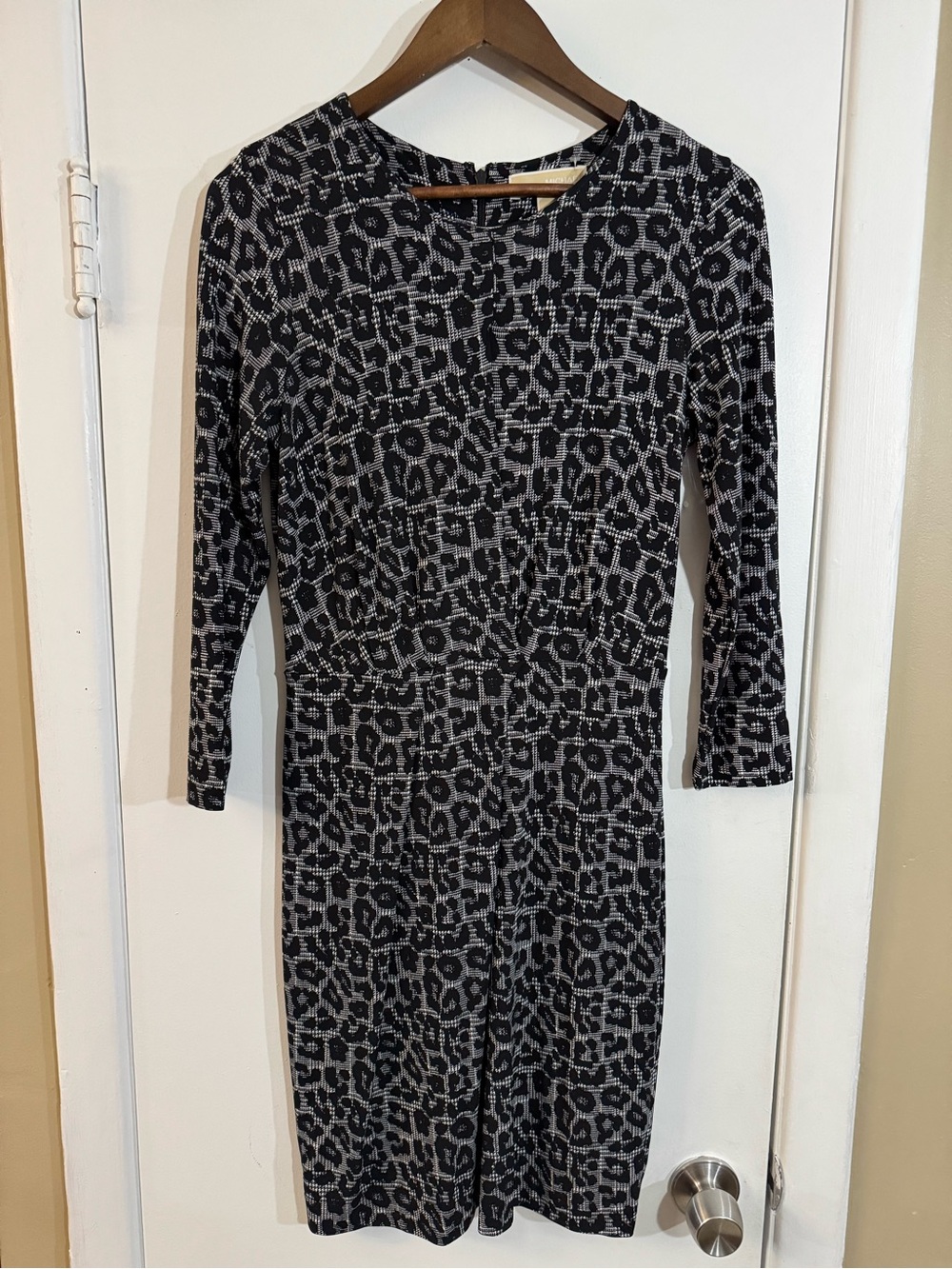 Michael Kors Black and Gray Leopard Print Long Sleeve Sheath Dress
